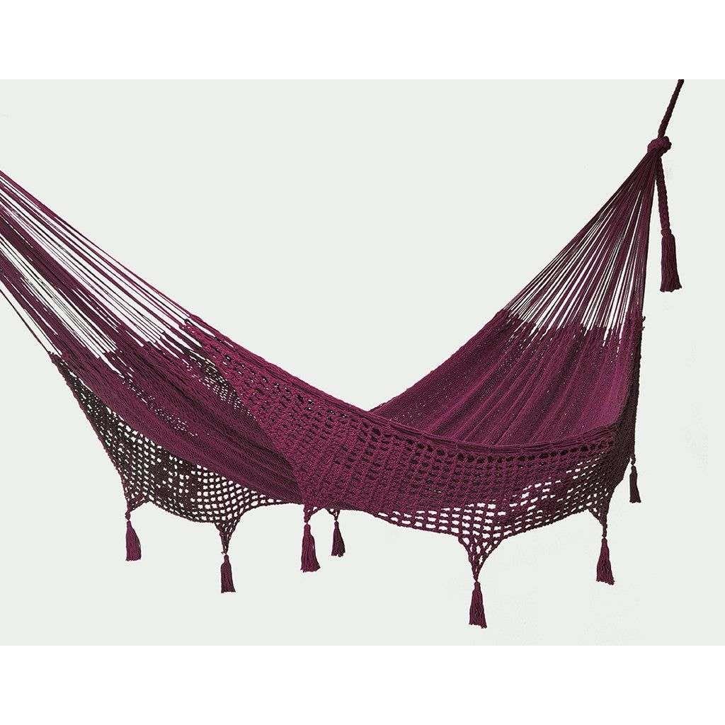 Outdoor undercover cotton Mayan Legacy hammock with hand crocheted tassels King Size Maroon