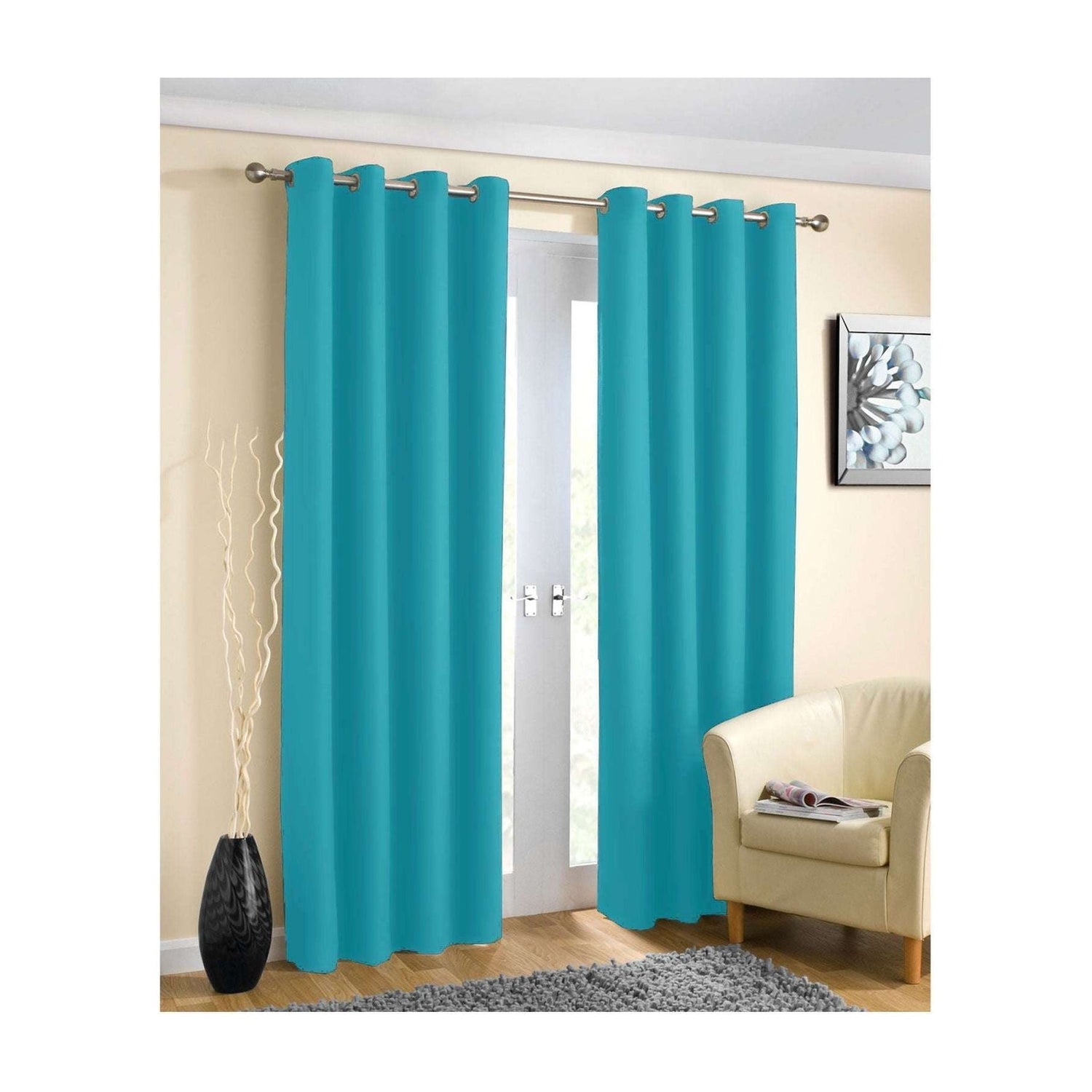 Pair of Blockout Plain Eyelet Curtains Blue - Magdasmall