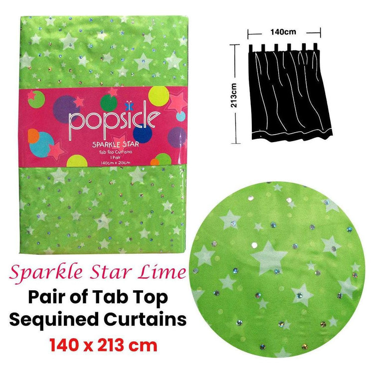 Pair of Organza Sequined Tab Top Curtains Sparkle Star Lime Green 140 x 213 cm - Magdasmall