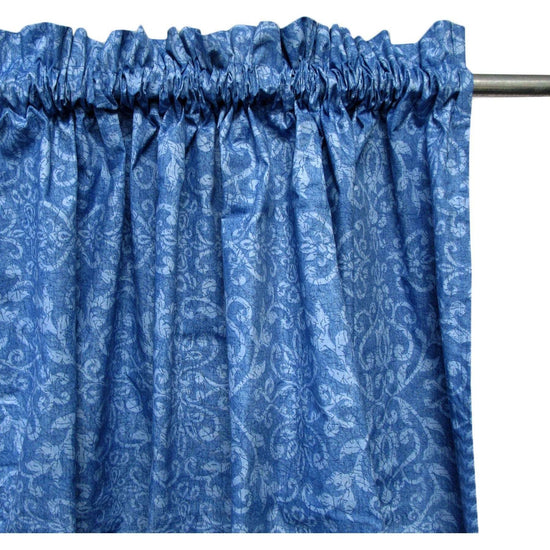 Pair of Polyester Cotton Rod Pocket Blue Damask Curtains