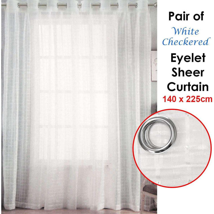 Pair of White Checkered Eyelet Sheer Curtains 140 x 225cm - Magdasmall