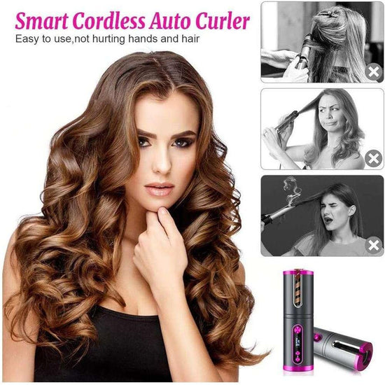 Portable Wireless Automatic Hair Curler for Travel with LED Temperature Display, Timer and USB Rechargeable (Pink)