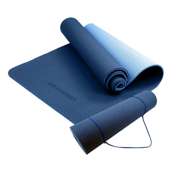 Powertrain Eco-friendly Dual Layer 8mm Yoga Mat | Dark Blue | Non-slip Surface And Carry Strap For Ultimate Comfort And Portability