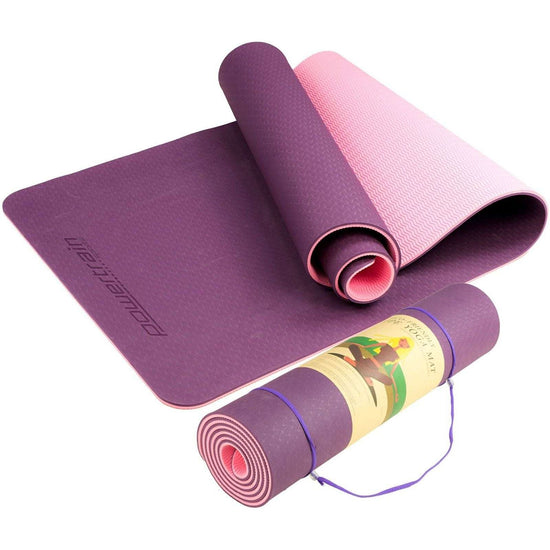 Powertrain Eco-friendly Dual Layer 8mm Yoga Mat | Purple | Non-slip Surface And Carry Strap For Ultimate Comfort And Portability