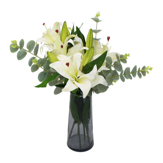 Premium Faux White Lily in Glass Vase (Tiger Lily Bouquet With Eucalyptus) - Magdasmall