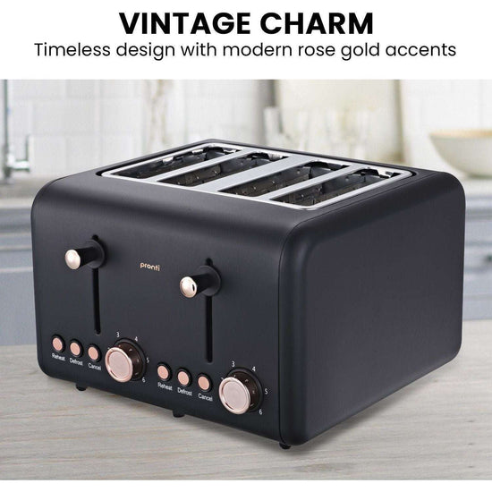 Pronti 4 Slice Toaster Rose Trim Collection - Black - Magdasmall
