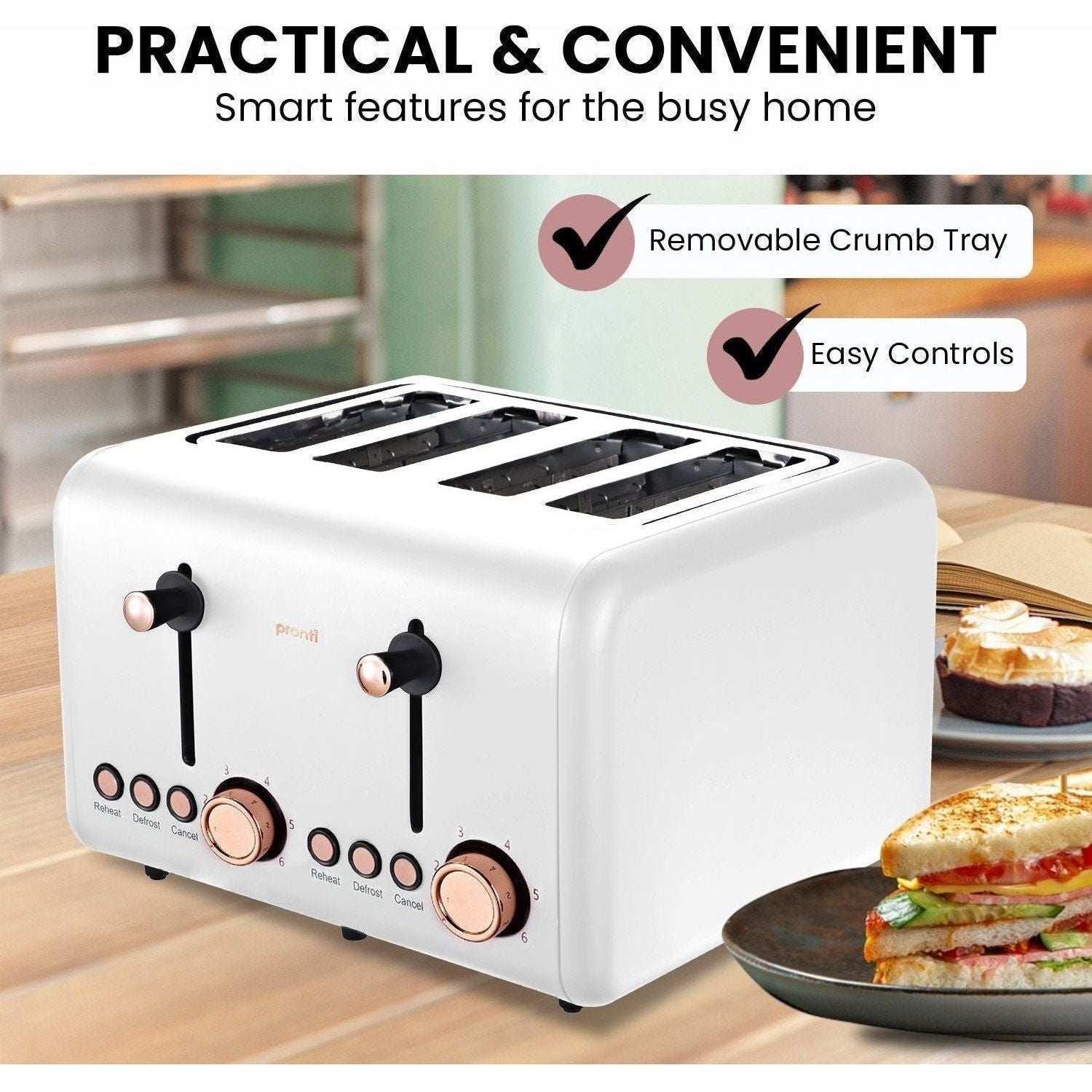Pronti 4 Slice Toaster Rose Trim Collection - White - Magdasmall