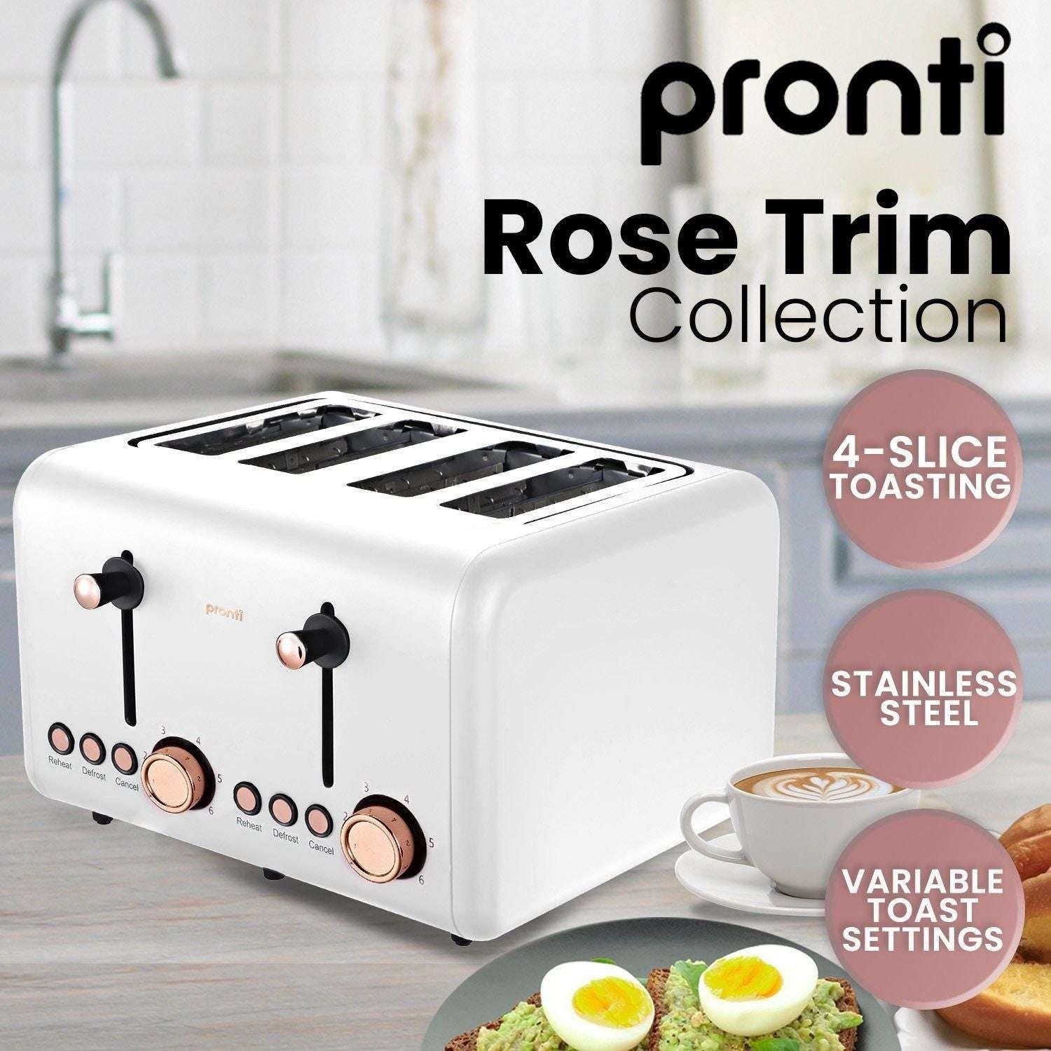 Pronti 4 Slice Toaster Rose Trim Collection - White - Magdasmall
