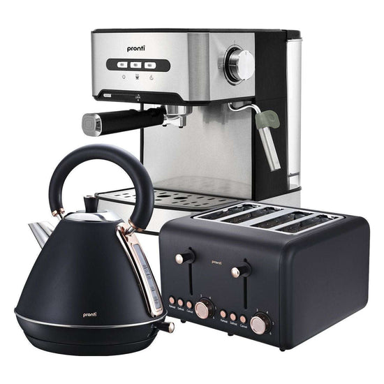 Pronti Toaster, Kettle &amp; Coffee Machine Breakfast Set - Black