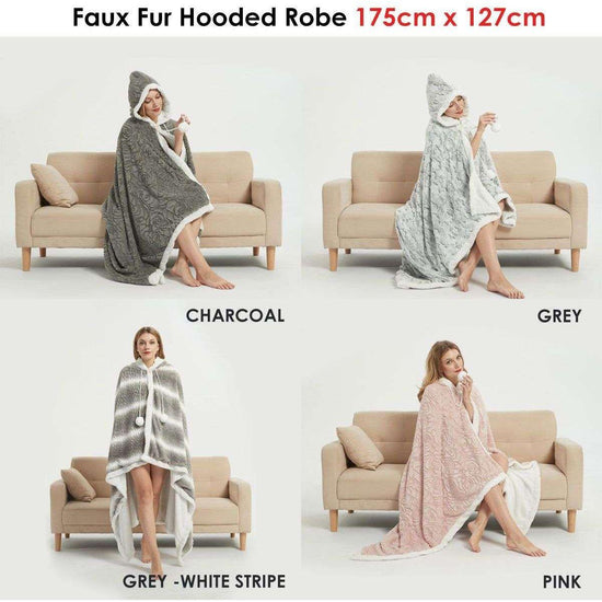 Ramesses Faux Fur Hooded Robe Grey White Stripe