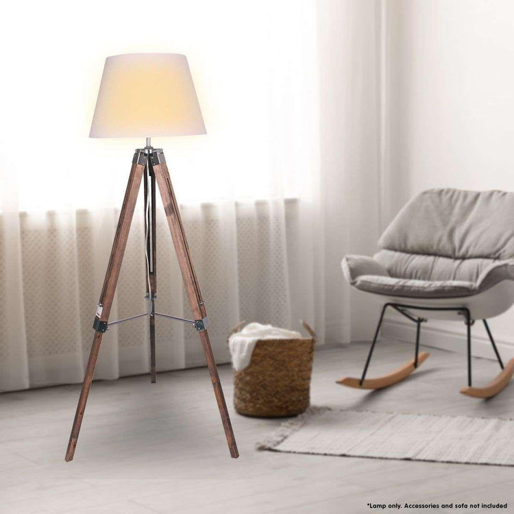 Sarantino Solid Wood Tripod Floor Lamp Adjustable Height White Shade - Magdasmall