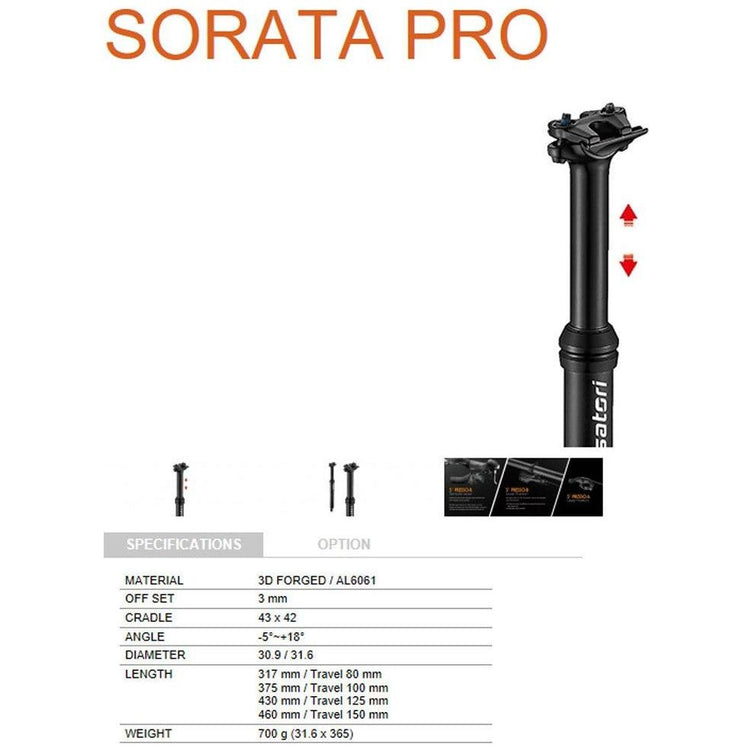 Satori Sorata Pro Dropper Seat Post Internal Cable 31.6 Diameter 125mm Travel MTB Trekking Bike