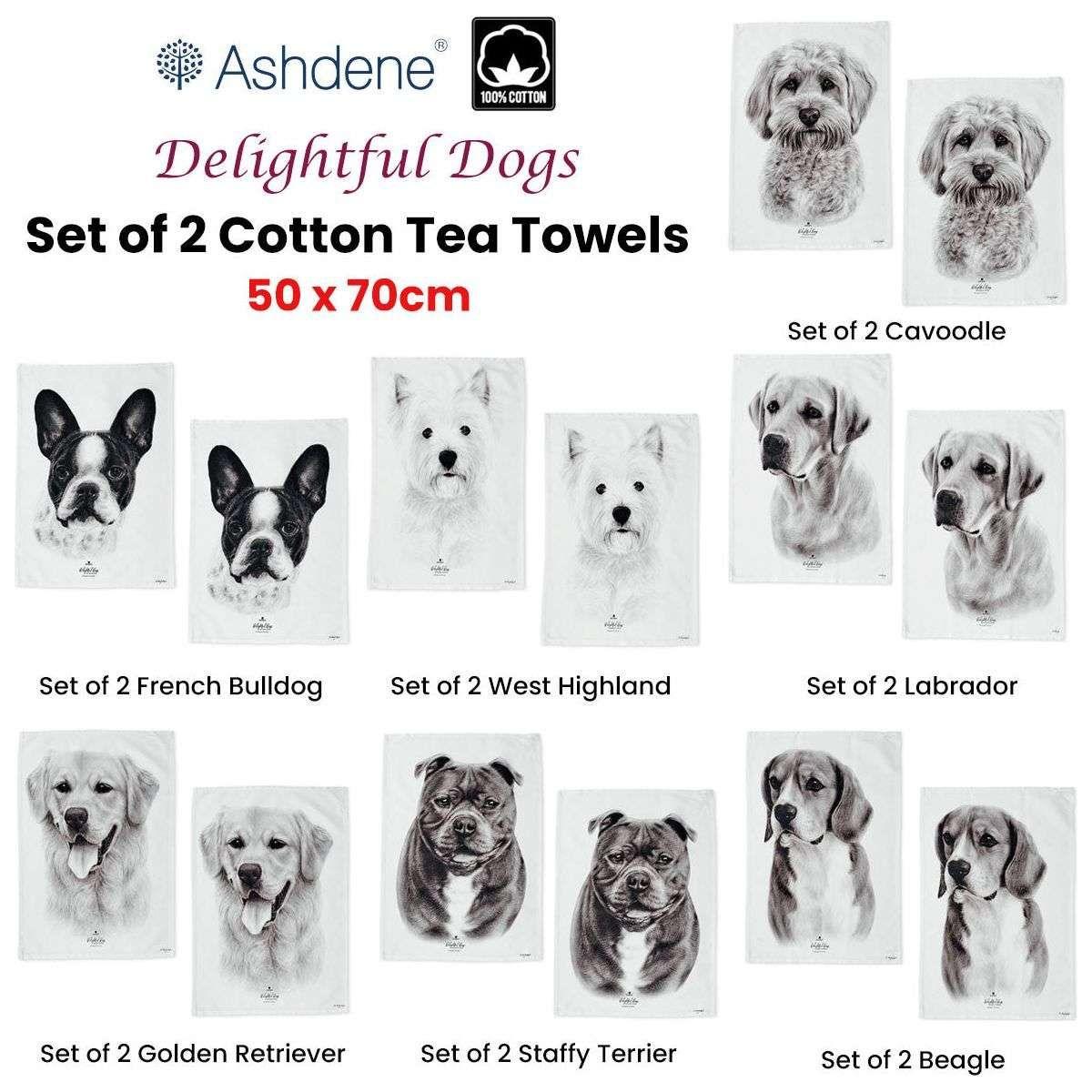 Set of 2 Delightful Dogs Cotton Kitchen Tea Towels 50 x 70 cm Beagle