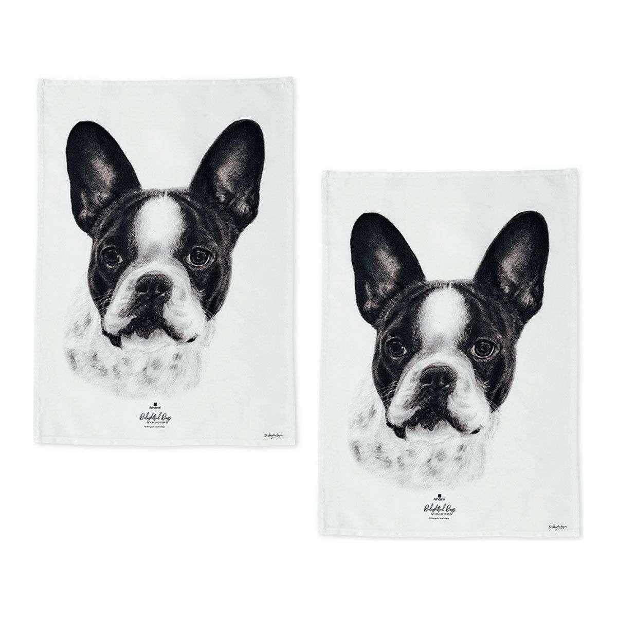 Set of 2 Delightful Dogs Cotton Kitchen Tea Towels 50 x 70 cm French Bulldog