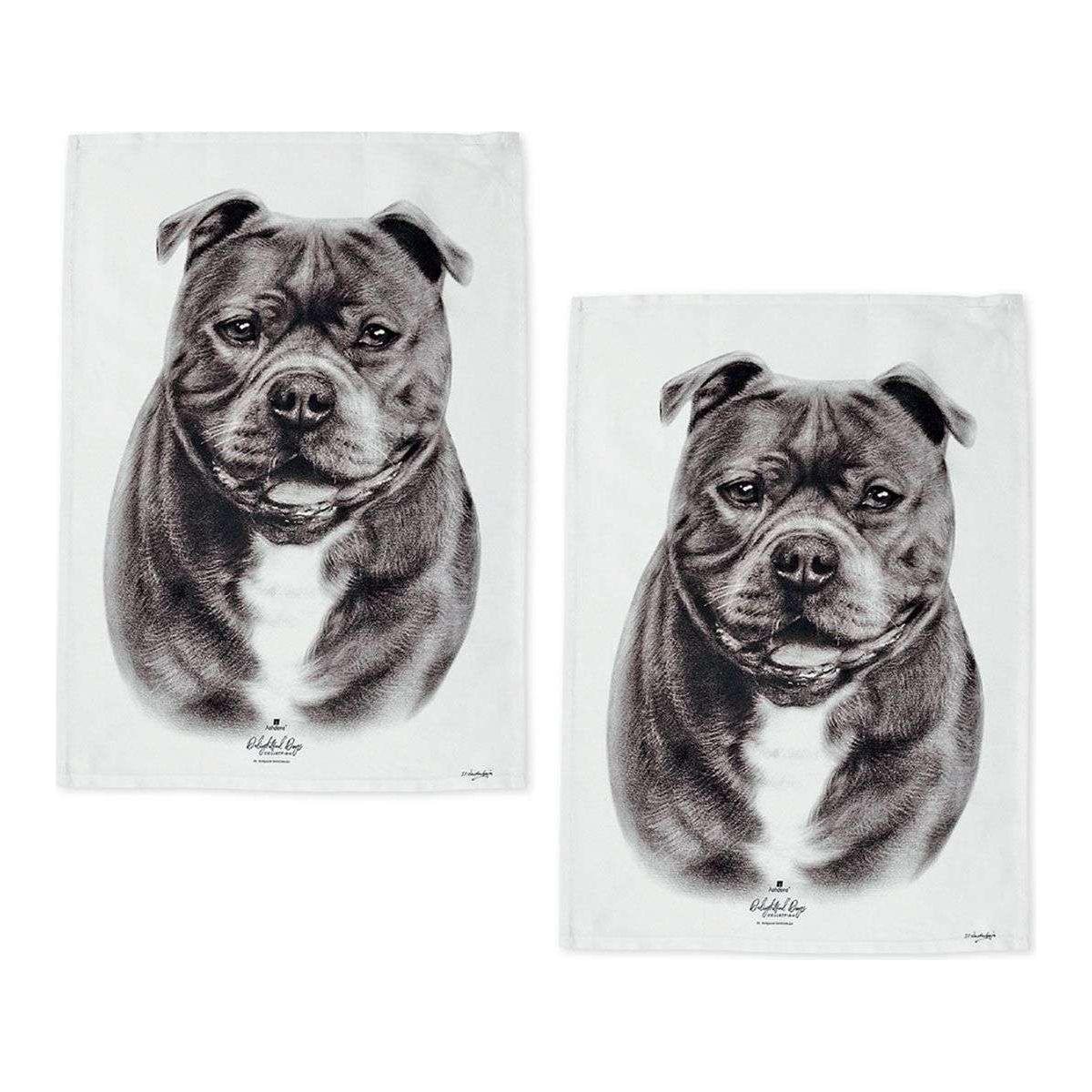Set of 2 Delightful Dogs Cotton Kitchen Tea Towels 50 x 70 cm Staffy Terrier
