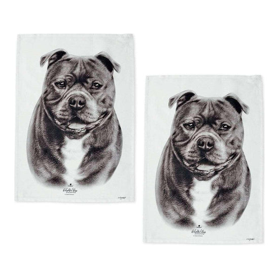 Set of 2 Delightful Dogs Cotton Kitchen Tea Towels 50 x 70 cm Staffy Terrier