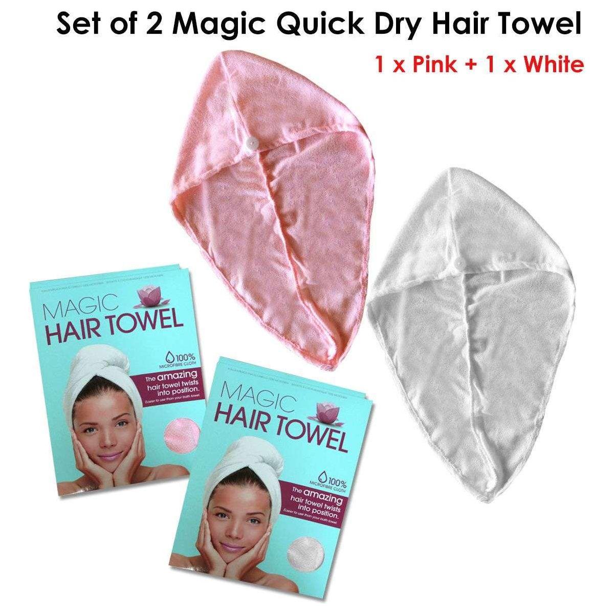 Set of 2 Magic Quick Dry Microfibre Hair Dryer Towels Pink + White