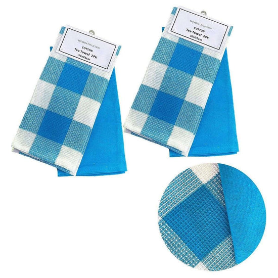 Set of 4 Cotton Waffle Checkered & Plain Dyed Tea Towels 50cm x 70cm Aqua