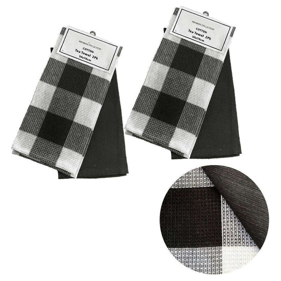 Set of 4 Cotton Waffle Checkered &amp; Plain Dyed Tea Towels 50cm x 70cm Black
