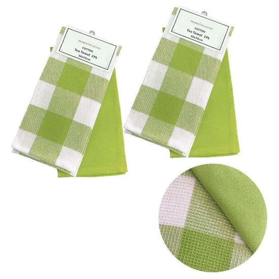 Set of 4 Cotton Waffle Checkered & Plain Dyed Tea Towels 50cm x 70cm Green
