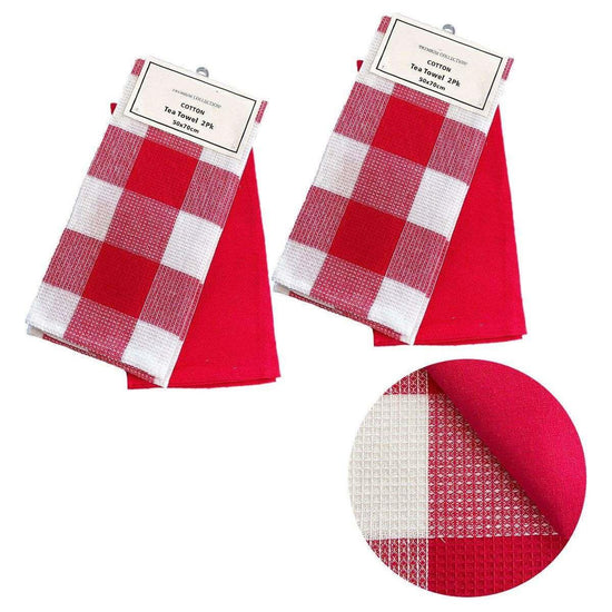 Set of 4 Cotton Waffle Checkered & Plain Dyed Tea Towels 50cm x 70cm Red