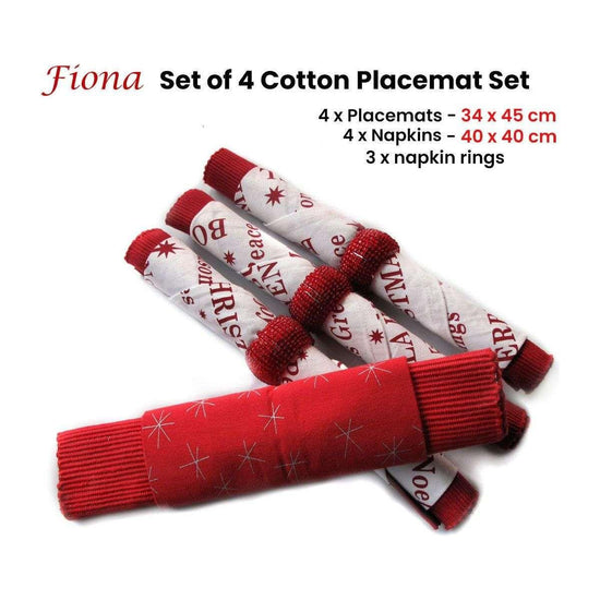 Set of 4 Fiona Cotton Placemats with Napkins and Napkin Rings Red White - Magdasmall