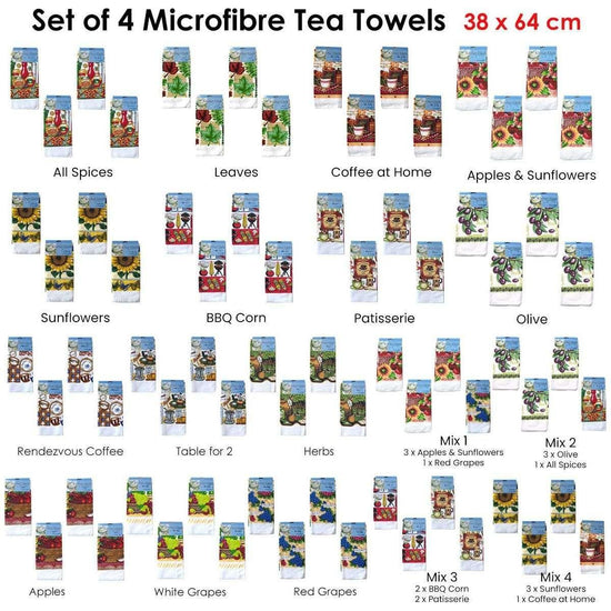 Set of 4 Microfibre Printed Tea Towels All Pieces