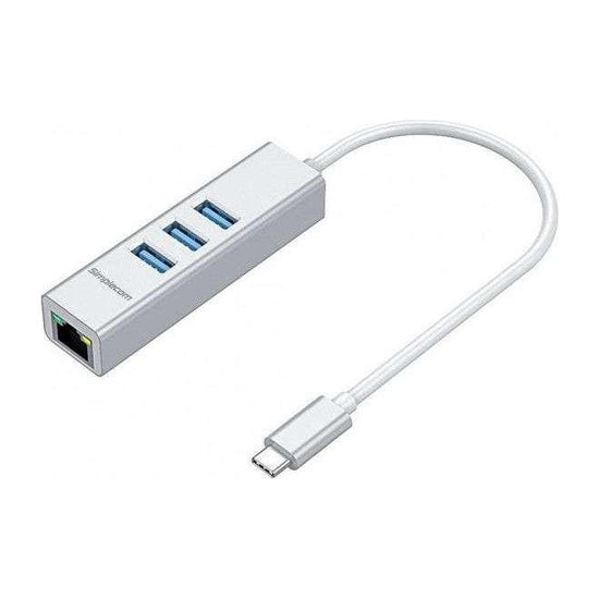 SIMPLECOM CHN421 Silver Aluminium USB-C to 3 Port USB HUB with Gigabit Ethernet Adapter - CBAT-USBCLAN