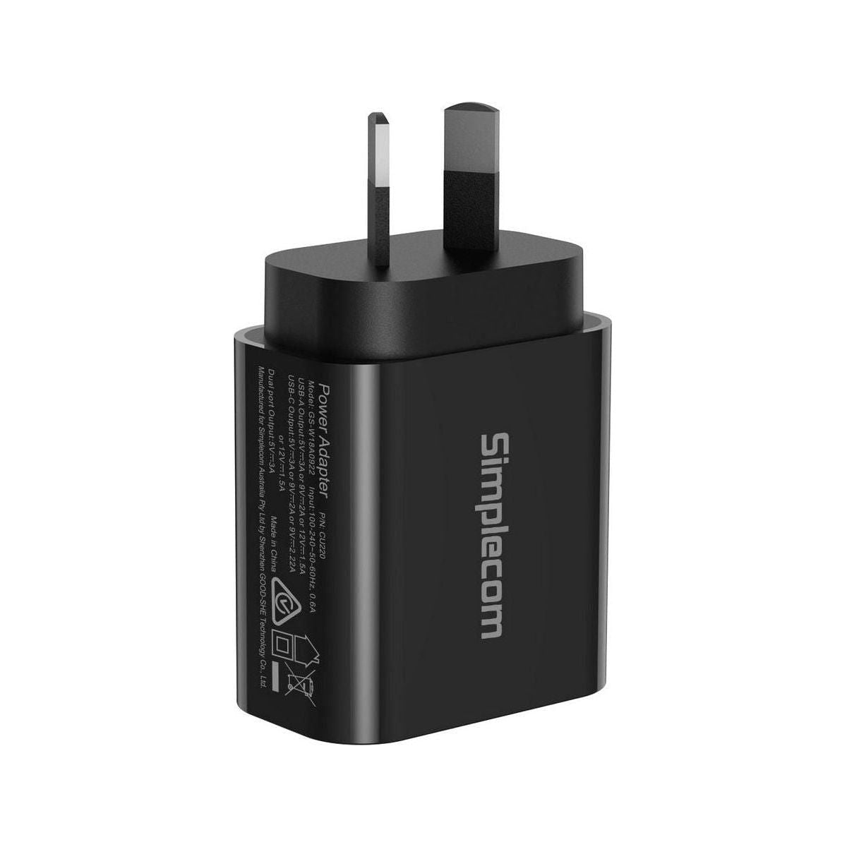 Simplecom CU220 Dual Port PD 20W Fast Wall Charger USB-C + USB-A for Phone Tablet