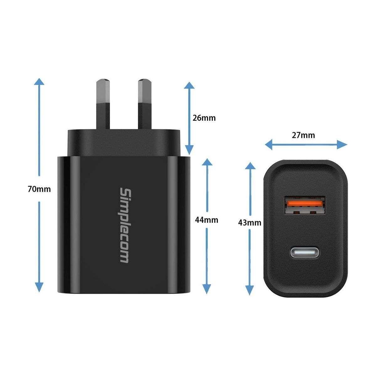 Simplecom CU220 Dual Port PD 20W Fast Wall Charger USB-C + USB-A for Phone Tablet