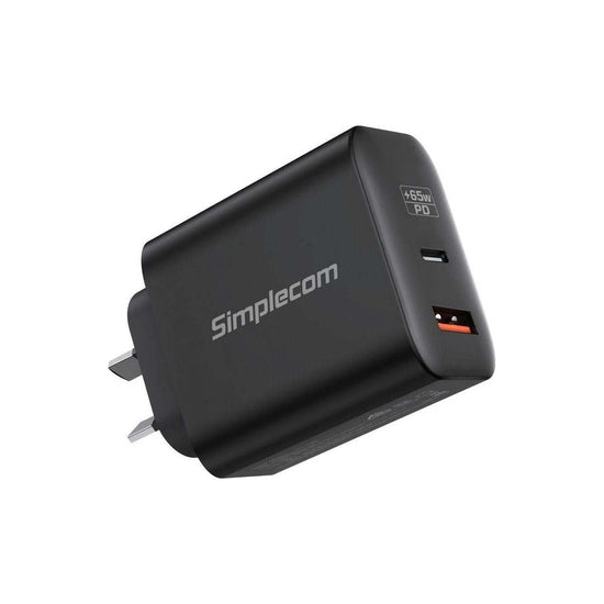 Simplecom CU265 Dual Port PD 65W GaN Fast Wall Charger USB-C + USB-A for Phone Laptop