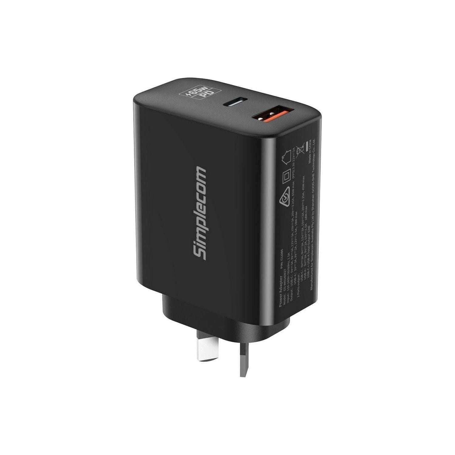 Simplecom CU265 Dual Port PD 65W GaN Fast Wall Charger USB-C + USB-A for Phone Laptop