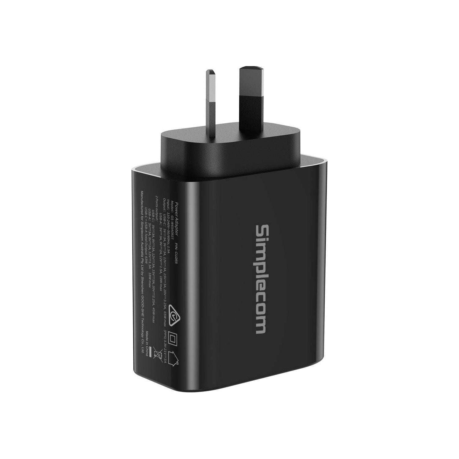 Simplecom CU265 Dual Port PD 65W GaN Fast Wall Charger USB-C + USB-A for Phone Laptop