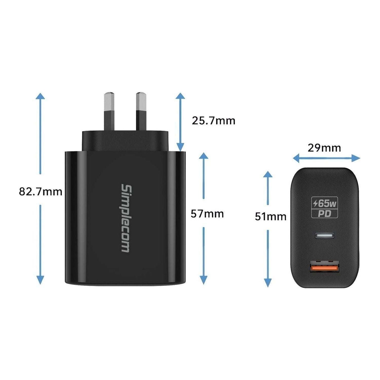 Simplecom CU265 Dual Port PD 65W GaN Fast Wall Charger USB-C + USB-A for Phone Laptop