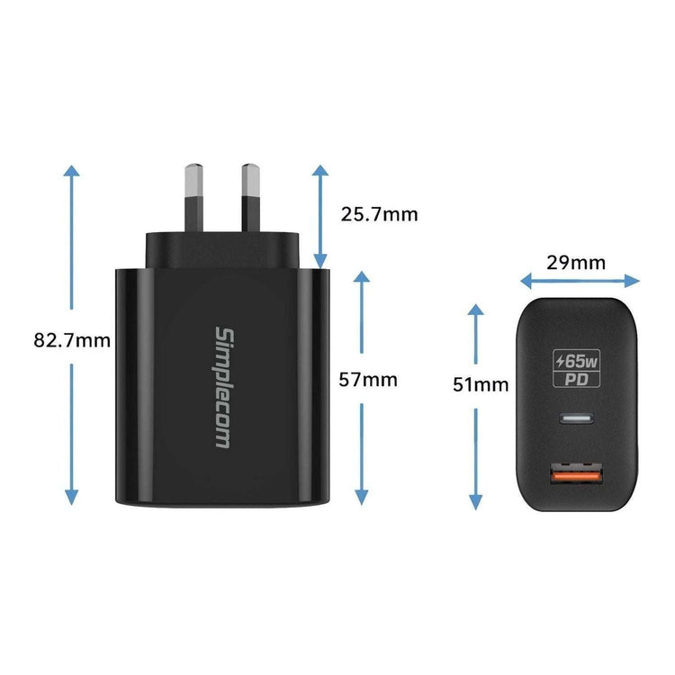 Simplecom CU265 Dual Port PD 65W GaN Fast Wall Charger USB-C + USB-A for Phone Laptop