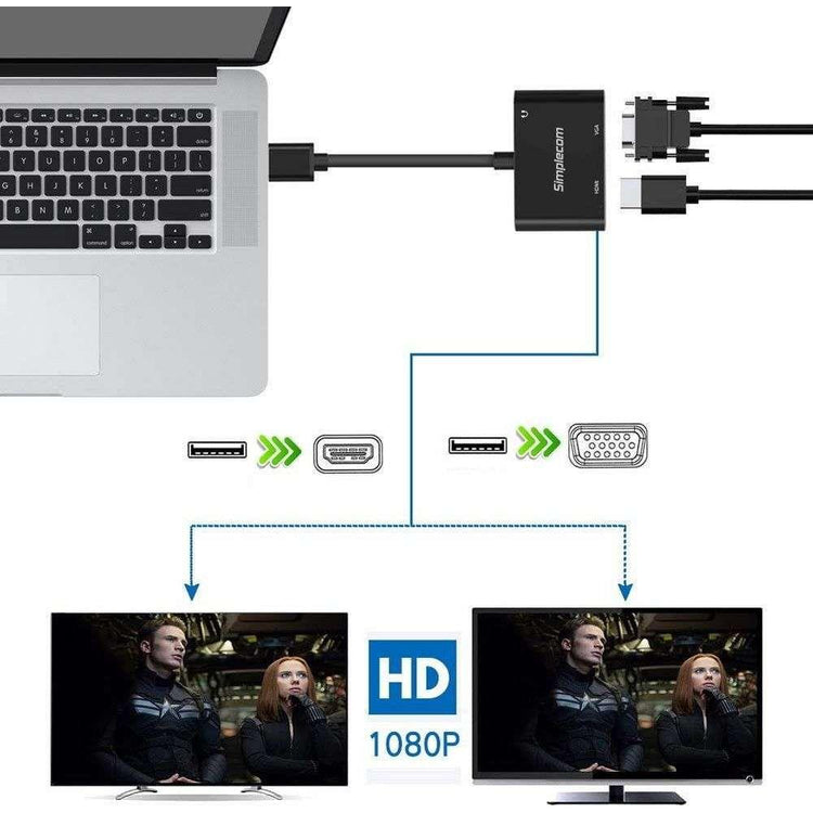 Simplecom DA316A USB to HDMI + VGA Video Card Adapter with 3.5mm Audio