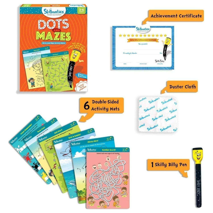 Skillmatics Dots and Mazes - Repeatable Write and Wipe Games for Kids Free Pen - Magdasmall