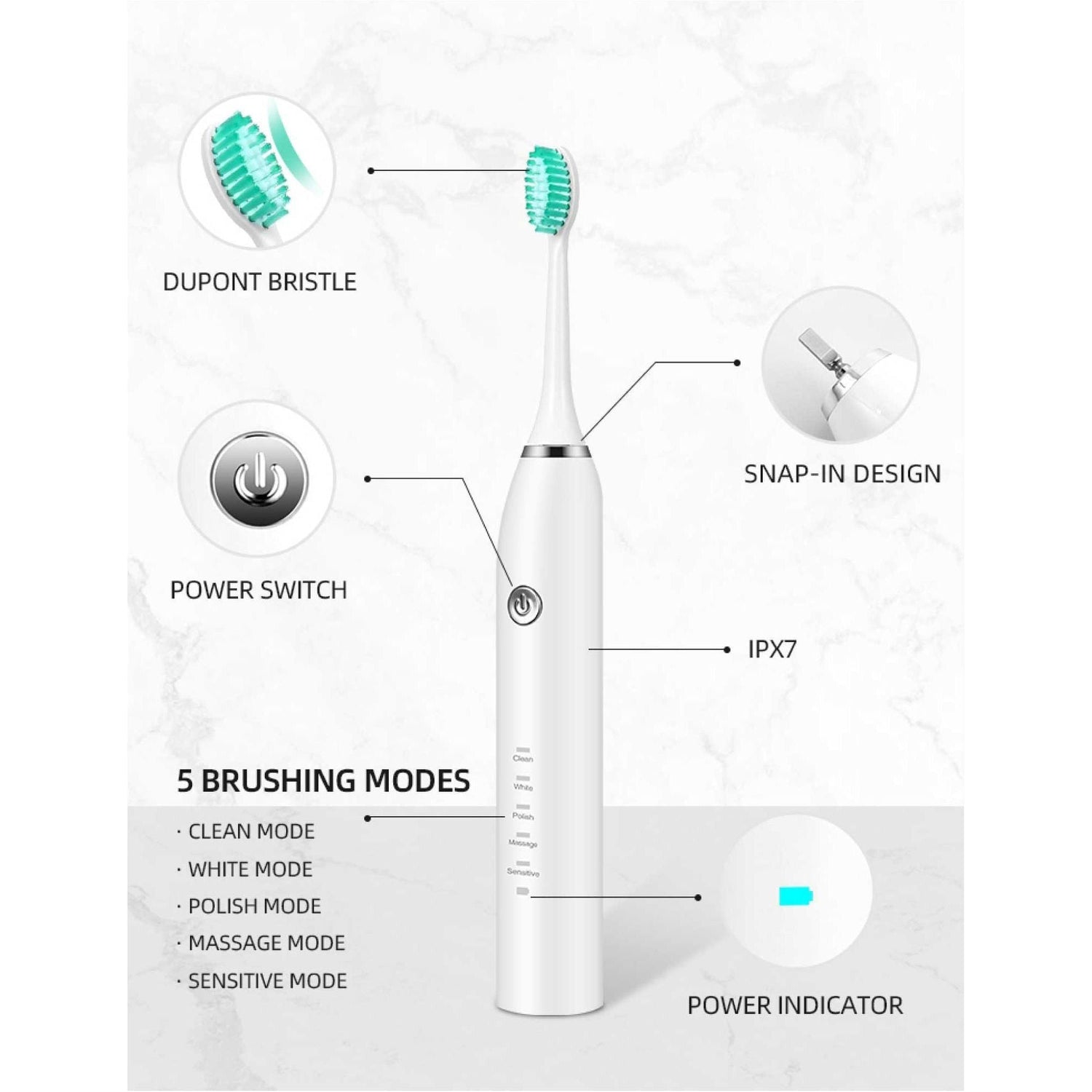 Sonic Electric Toothbrush White USB Wireless Charging Smart 5 Modes 2 Heads Case