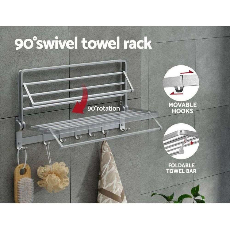 Towel Rail Rack Holder 4 Bars Wall Mounted Aluminium Foldable Hanging Hook