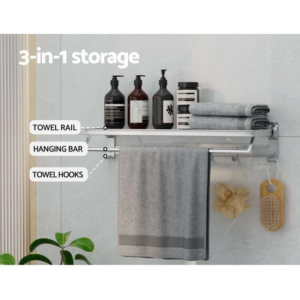 Towel Rail Rack Holder 4 Bars Wall Mounted Aluminium Foldable Hanging Hook