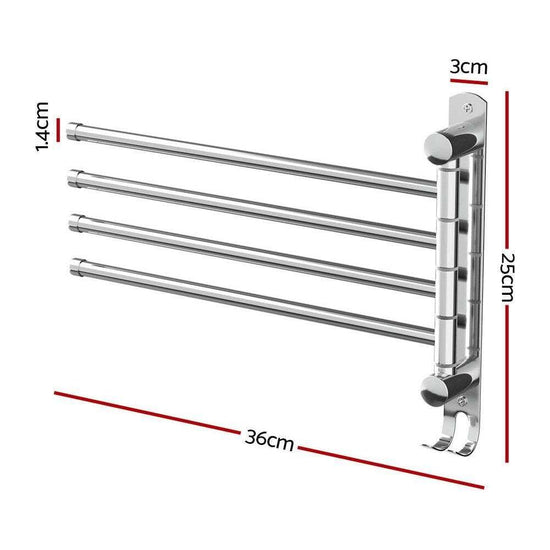 Towel Rail Rack Holder 4 Bars Wall Mounted Stainless Steel Swivel Hanging Hook