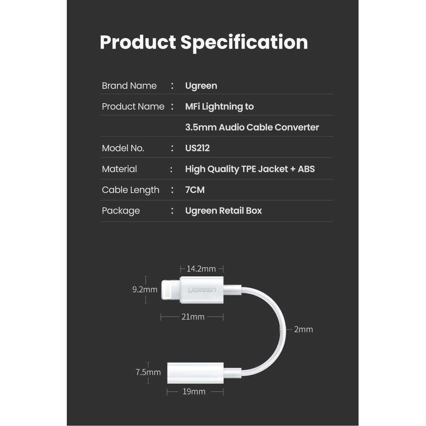 UGREEN 30759 iPhone 8-pin to 3.5mm Headphone Adapter