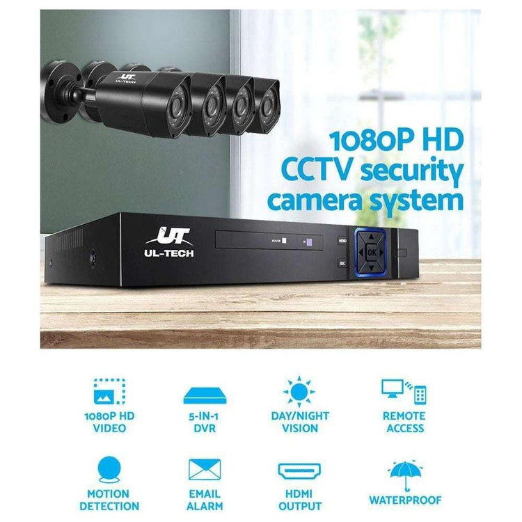 UL-TECH 4CH 5 IN 1 DVR CCTV Security System Video Recorder 4 Cameras 1080P HDMI Black