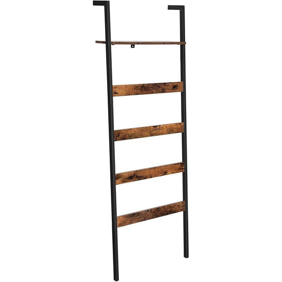 VASAGLE Blanket Ladder Wall-Leaning Rack with Storage Shelf Rustic Brown and Black