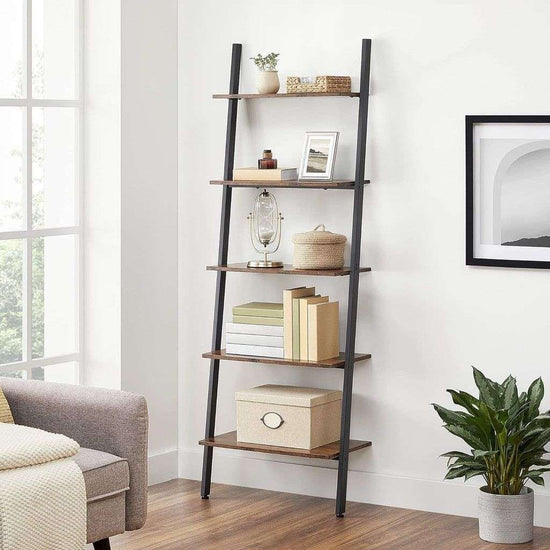 VASAGLE Industrial Ladder Shelf 5-Tier Bookshelf Rack Wall Shelf Rustic Brown and Black
