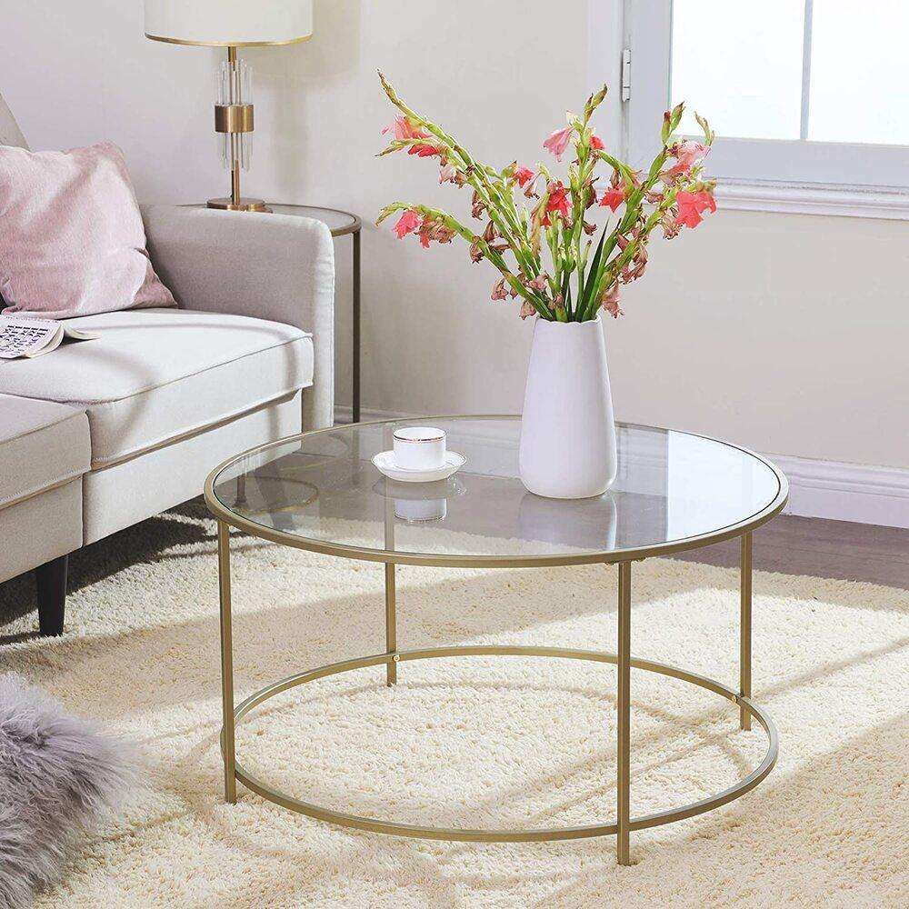VASAGLE Round Glass Top Coffee Table with Metal Frame