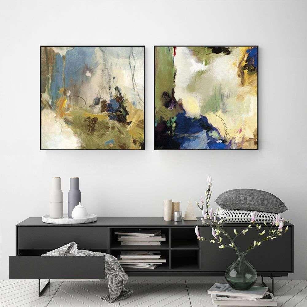 Wall Art 100cmx100cm Abstract Blue 2 Sets Black Frame Canvas - Magdasmall