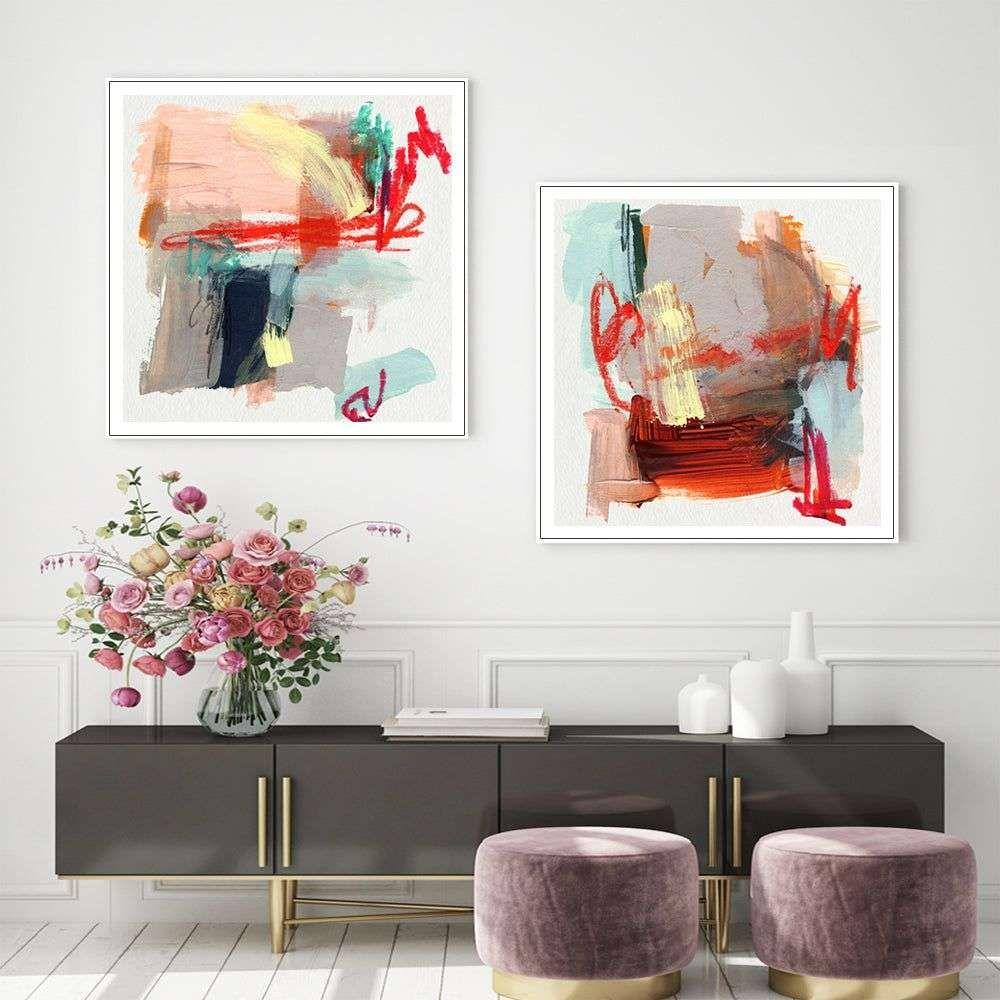 Wall Art 100cmx100cm Abstract Colourful Garden 2 Sets White Frame Canvas