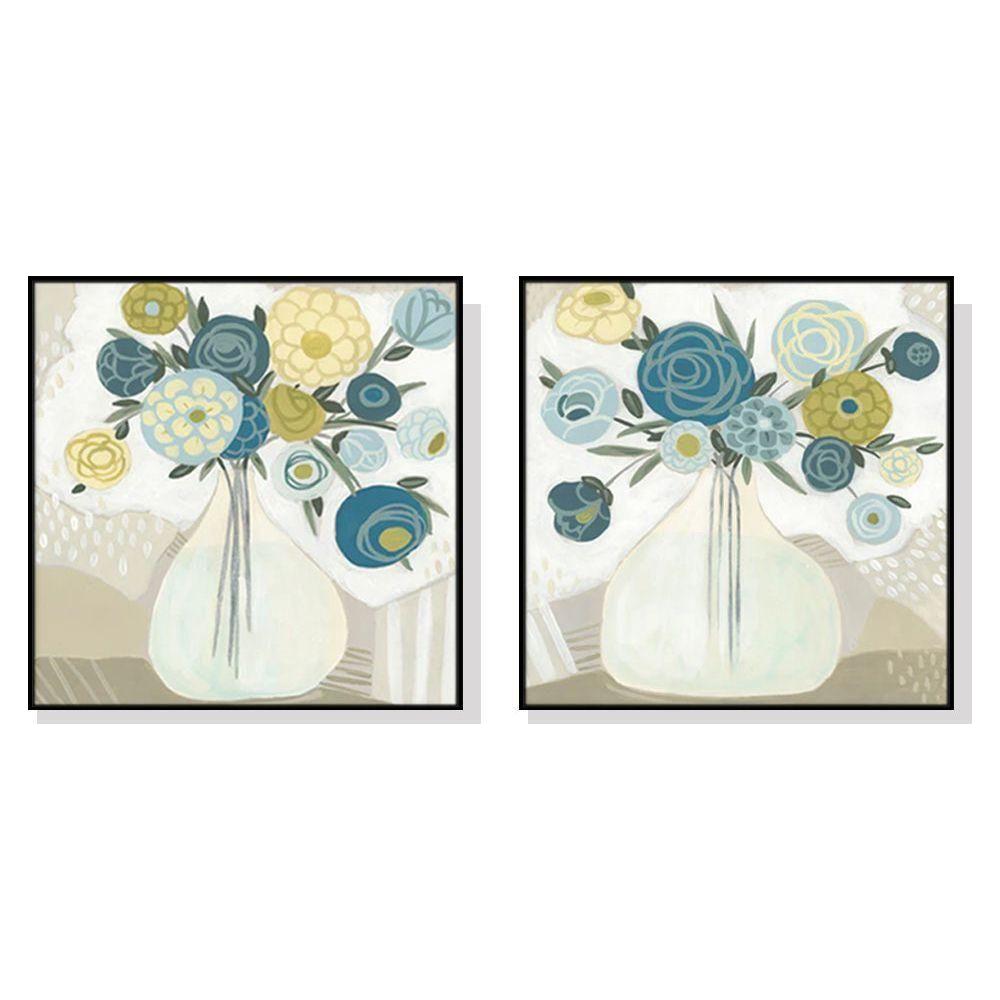 Wall Art 100cmx100cm Blue Bouquet 2 Sets Black Frame Canvas