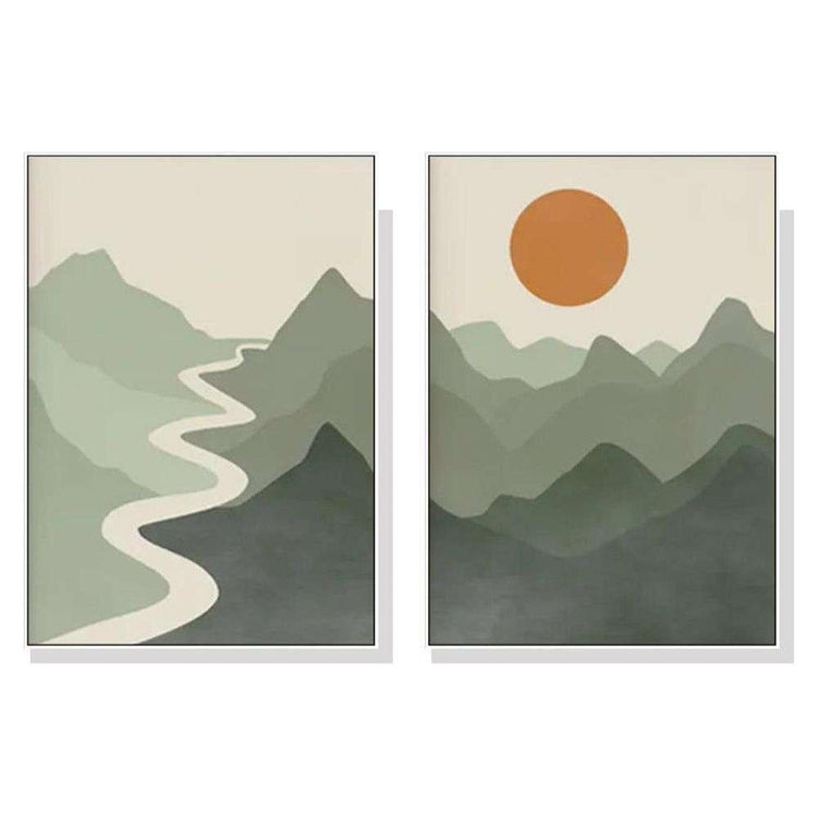 Wall Art 100cmx150cm Sage Green River Mountain 2 Sets White Frame Canvas - Magdasmall